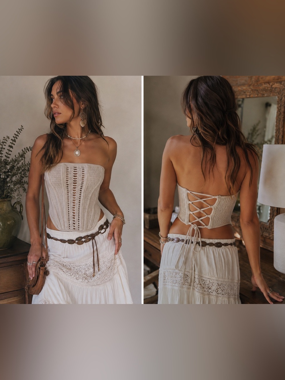 Cream Knit Lace Up Corset Tube Top Bustier Size S/M